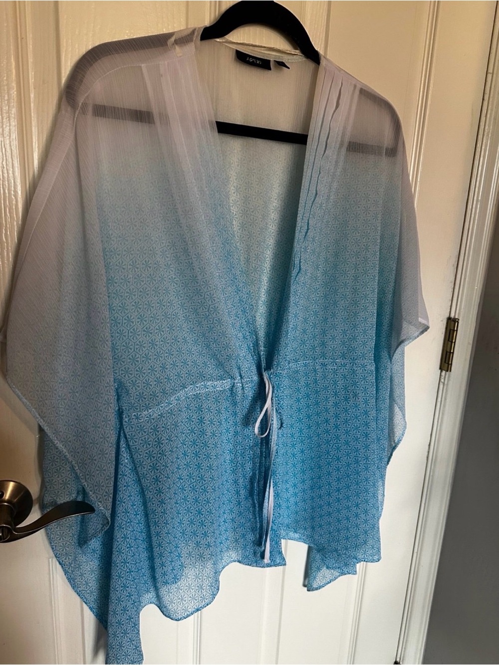 Apt. 9 Sheer Blue Ombre Geometric Tie Front Kimono Ruana Cardigan Size L